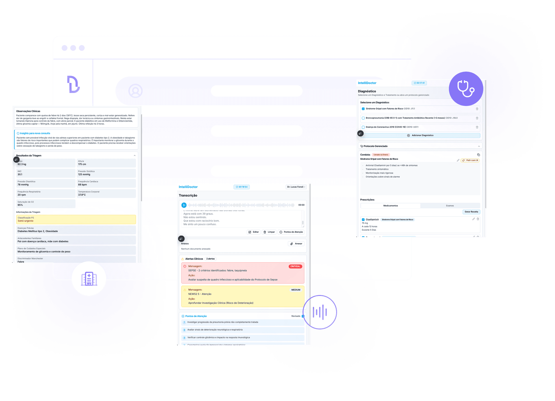 Interface do Intellidoctor mostrando formulários médicos, dados de pacientes e fluxos de trabalho clínicos